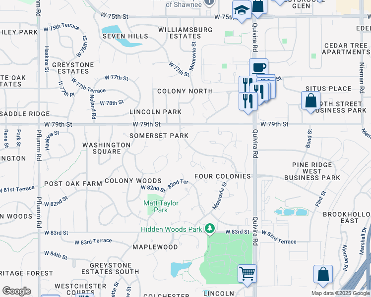 map of restaurants, bars, coffee shops, grocery stores, and more near 9609 Monrovia in Lenexa
