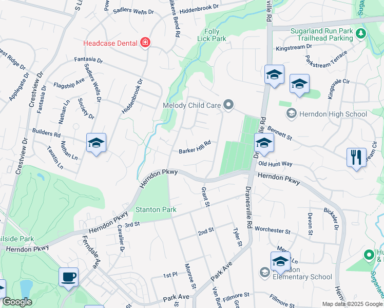 map of restaurants, bars, coffee shops, grocery stores, and more near 913 Barker Hill Road in Herndon
