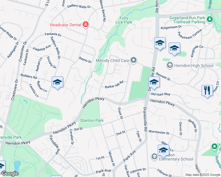 map of restaurants, bars, coffee shops, grocery stores, and more near 915 Barker Hill Road in Herndon