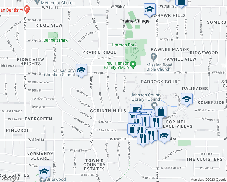 map of restaurants, bars, coffee shops, grocery stores, and more near 8004 El Monte Street in Prairie Village