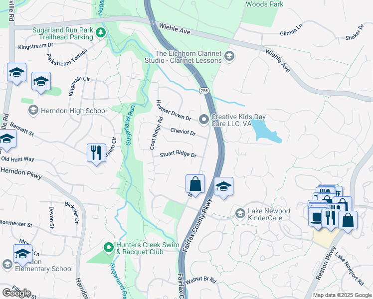 map of restaurants, bars, coffee shops, grocery stores, and more near 12018 Stuart Ridge Drive in Herndon