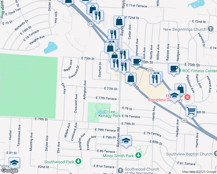 map of restaurants, bars, coffee shops, grocery stores, and more near 9801 East 77th Street in Raytown