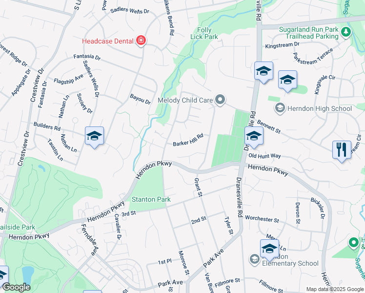 map of restaurants, bars, coffee shops, grocery stores, and more near 915 Barker Hill Road in Herndon