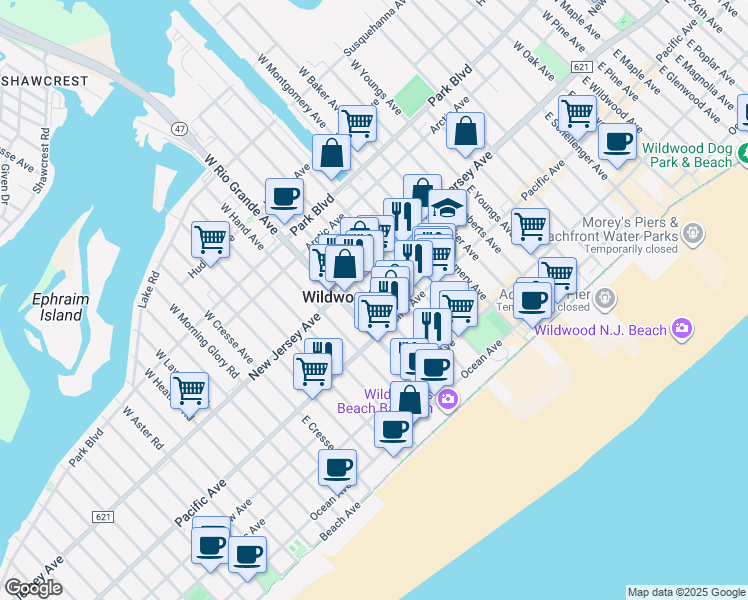 map of restaurants, bars, coffee shops, grocery stores, and more near 146 East Taylor Avenue in Wildwood