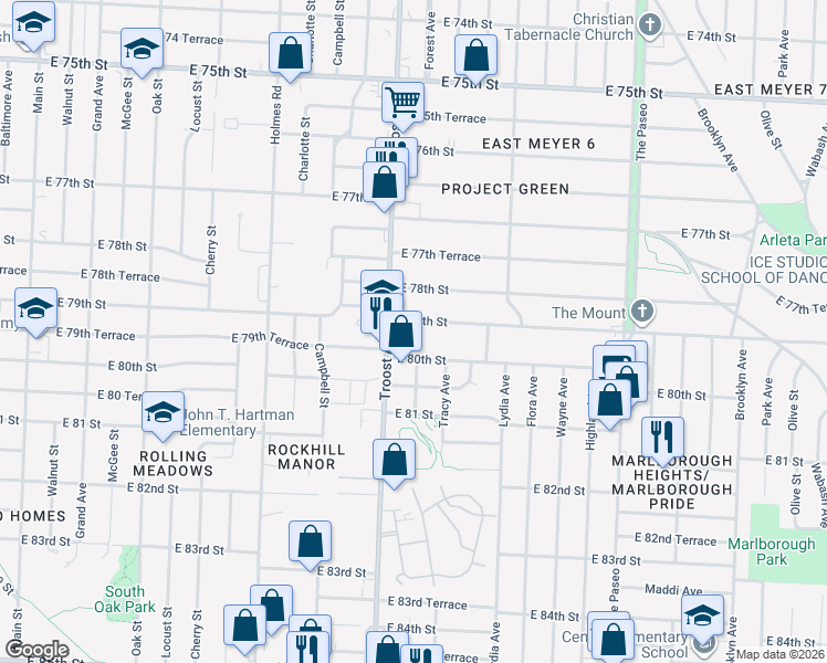 map of restaurants, bars, coffee shops, grocery stores, and more near 1120 East 80th Street in Kansas City