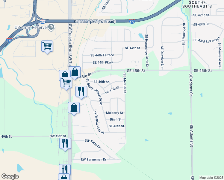 map of restaurants, bars, coffee shops, grocery stores, and more near 299 Southeast 47th Street in Topeka