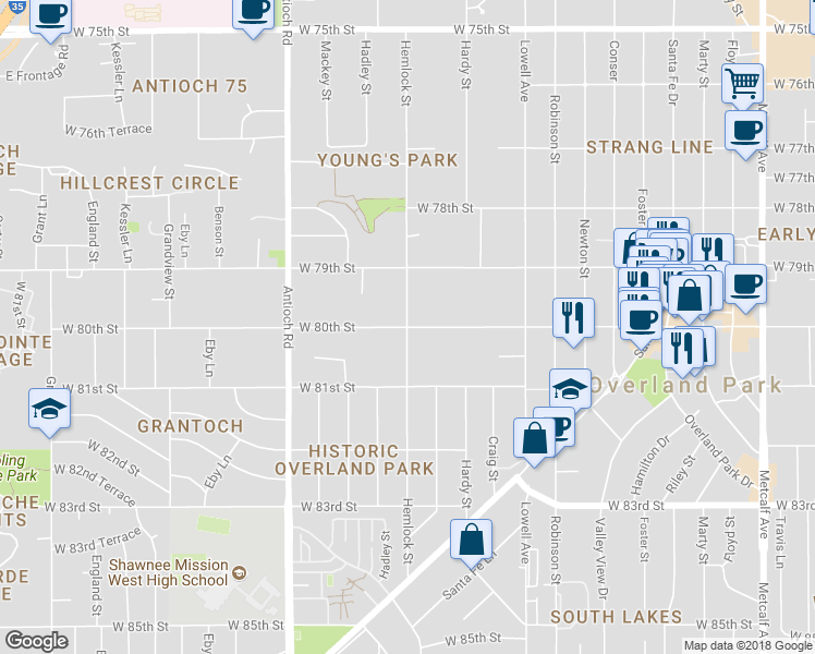 map of restaurants, bars, coffee shops, grocery stores, and more near 8299 West 80th Street in Overland Park