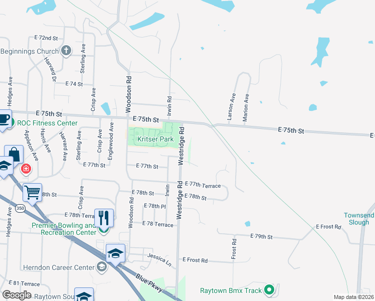 map of restaurants, bars, coffee shops, grocery stores, and more near 11909 East 76th Terrace in Raytown