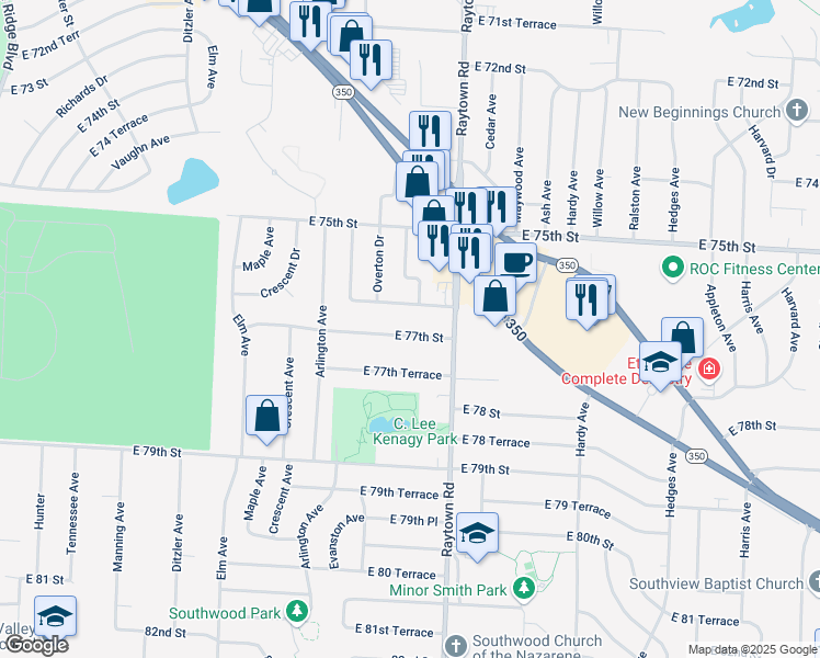 map of restaurants, bars, coffee shops, grocery stores, and more near 9801 East 77th Street in Raytown