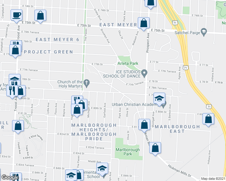 map of restaurants, bars, coffee shops, grocery stores, and more near 2105 East 79th Street in Kansas City