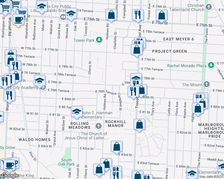 map of restaurants, bars, coffee shops, grocery stores, and more near 7927 Charlotte Street in Kansas City