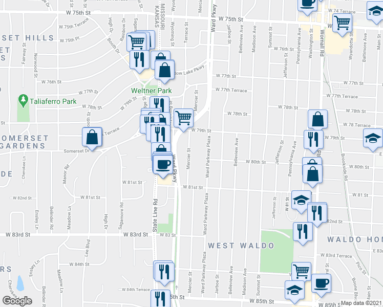 map of restaurants, bars, coffee shops, grocery stores, and more near 8003 Mercier Street in Kansas City
