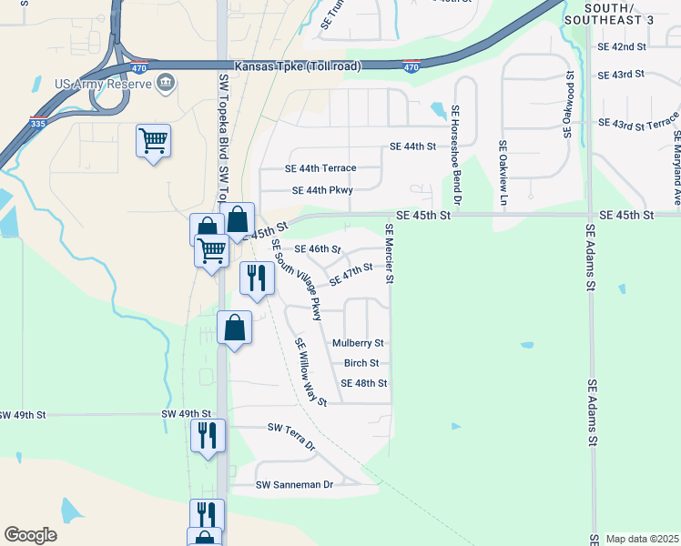 map of restaurants, bars, coffee shops, grocery stores, and more near 215-299 Southeast 47th Street in Topeka