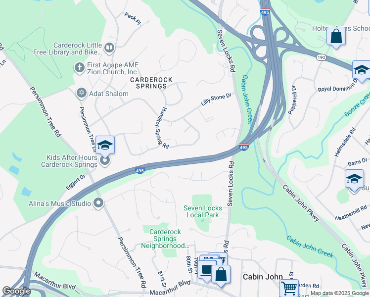 map of restaurants, bars, coffee shops, grocery stores, and more near 7614 Hamilton Spring Road in Bethesda