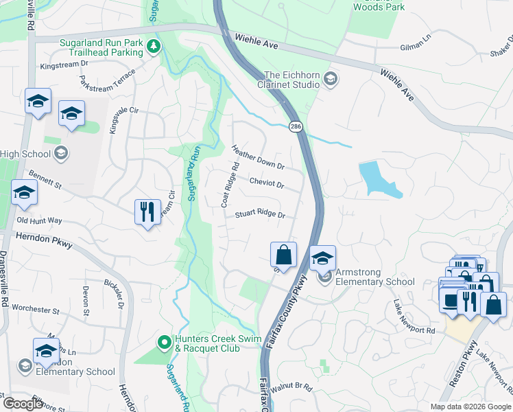map of restaurants, bars, coffee shops, grocery stores, and more near 12026 Stuart Ridge Drive in Herndon