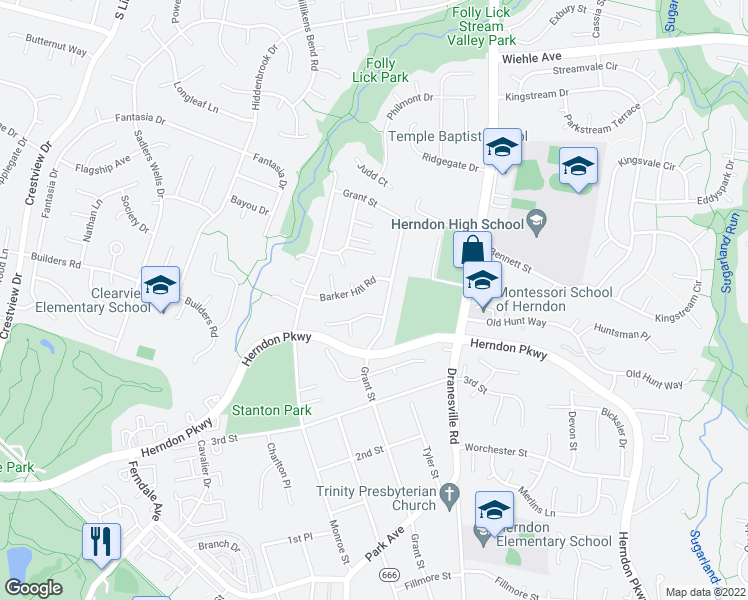 map of restaurants, bars, coffee shops, grocery stores, and more near 1317 Grant Street in Herndon