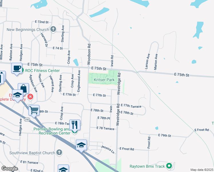 map of restaurants, bars, coffee shops, grocery stores, and more near 11801 East 76th Terrace in Raytown