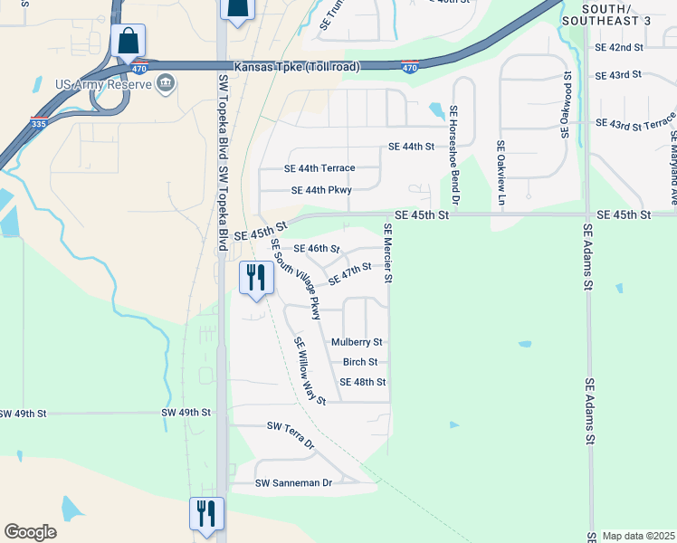 map of restaurants, bars, coffee shops, grocery stores, and more near 215-299 Southeast 47th Street in Topeka