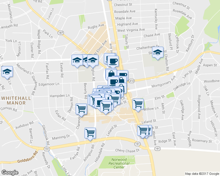 map of restaurants, bars, coffee shops, grocery stores, and more near 11710 North Ln in Bethesda