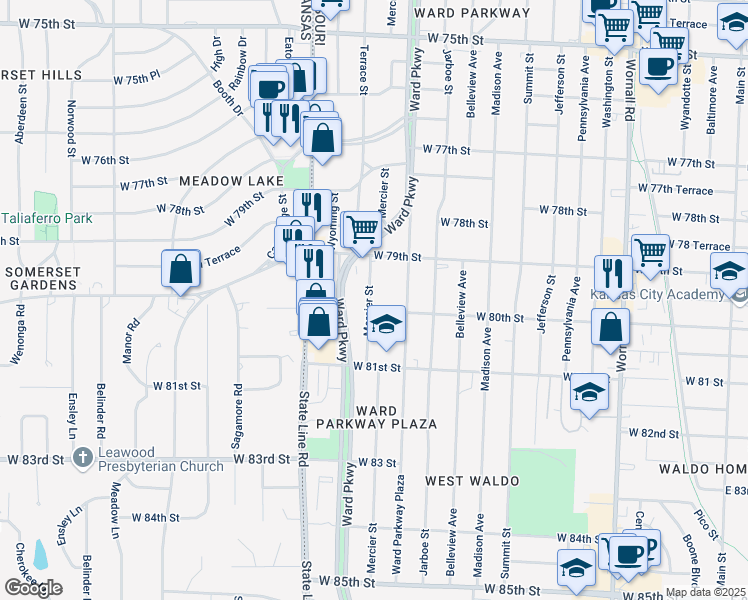 map of restaurants, bars, coffee shops, grocery stores, and more near 8003 Mercier Street in Kansas City