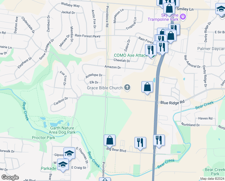 map of restaurants, bars, coffee shops, grocery stores, and more near 3213 Blue Grouse Drive in Columbia