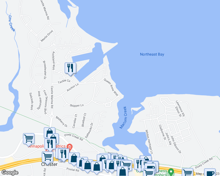 map of restaurants, bars, coffee shops, grocery stores, and more near 32 Queen Anne Way in Chester