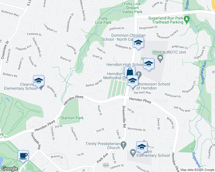 map of restaurants, bars, coffee shops, grocery stores, and more near 1318 Grant Street in Herndon
