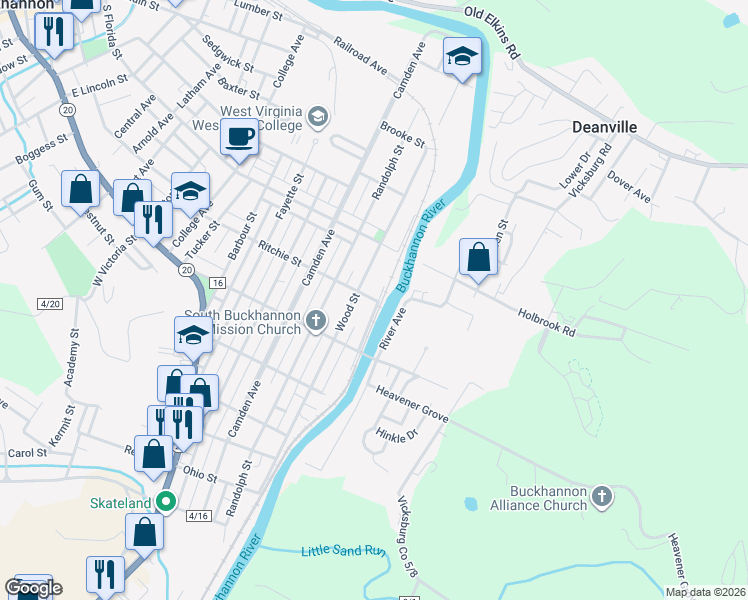 map of restaurants, bars, coffee shops, grocery stores, and more near 119-143 Railroad Ave in Buckhannon