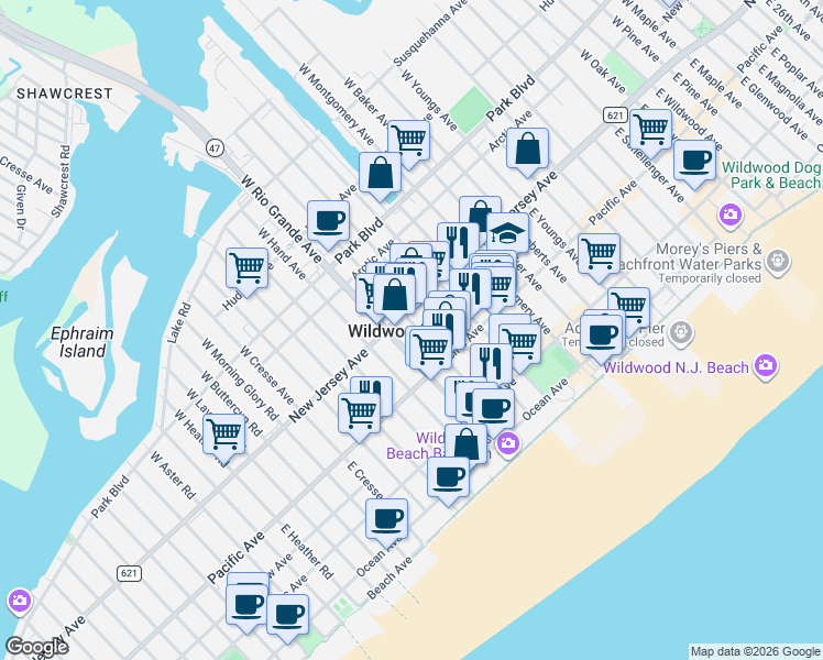 map of restaurants, bars, coffee shops, grocery stores, and more near 146 East Taylor Avenue in Wildwood