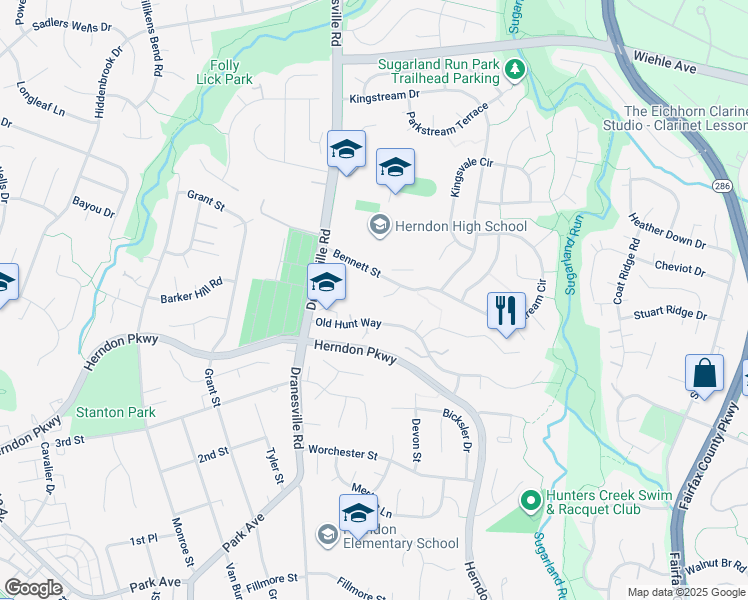 map of restaurants, bars, coffee shops, grocery stores, and more near 901 Royal Elm Court in Herndon