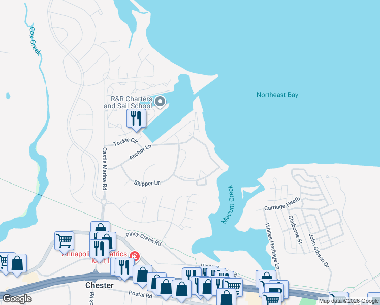 map of restaurants, bars, coffee shops, grocery stores, and more near 28 Queen Mary Court in Chester
