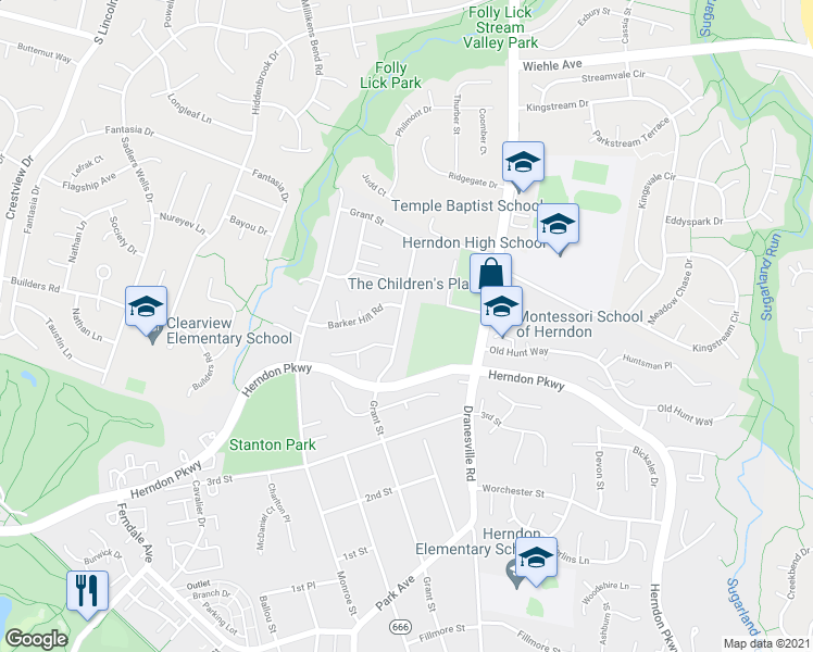 map of restaurants, bars, coffee shops, grocery stores, and more near 1318 Grant Street in Herndon