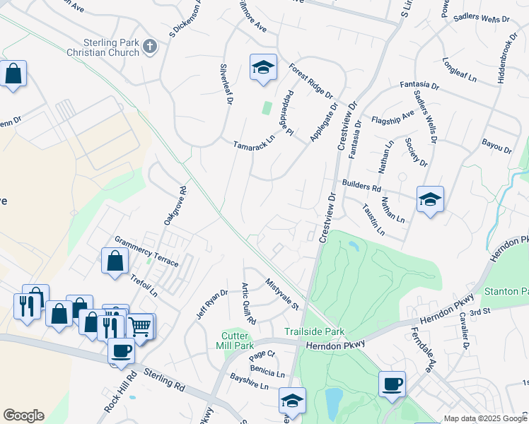 map of restaurants, bars, coffee shops, grocery stores, and more near 313 Bradford Court in Sterling