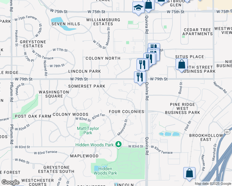 map of restaurants, bars, coffee shops, grocery stores, and more near 8001 Monrovia Street in Lenexa