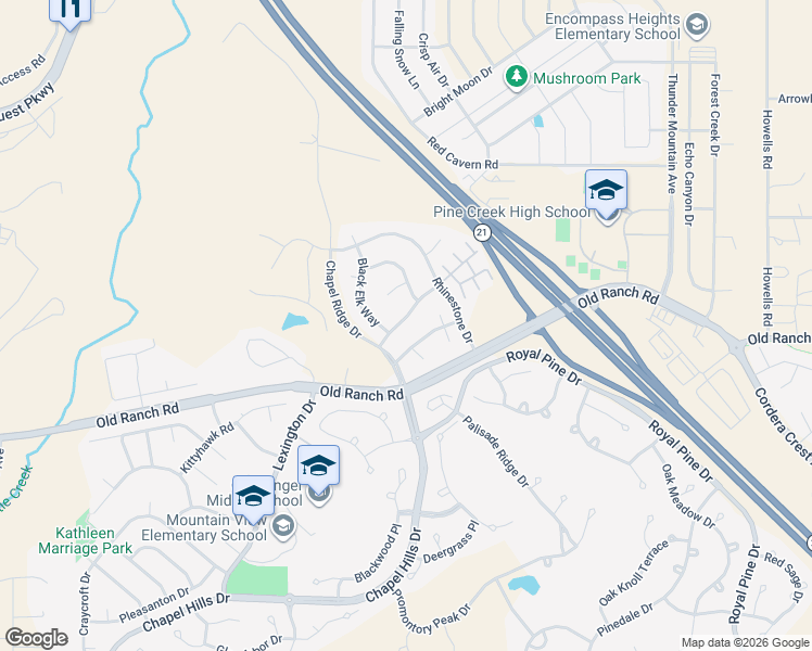 map of restaurants, bars, coffee shops, grocery stores, and more near 3077 Kettle Ridge Drive in Colorado Springs