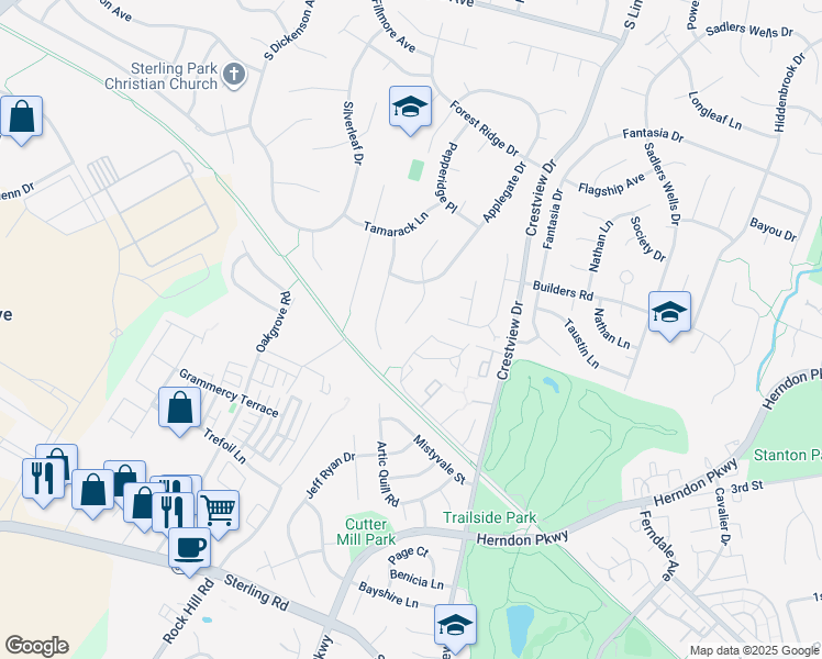 map of restaurants, bars, coffee shops, grocery stores, and more near 313 Bradford Court in Sterling