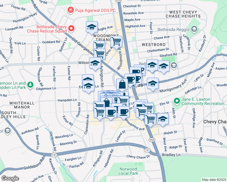 map of restaurants, bars, coffee shops, grocery stores, and more near 7500 Woodmont Avenue in Bethesda