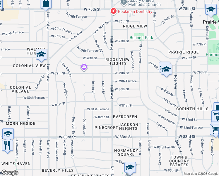map of restaurants, bars, coffee shops, grocery stores, and more near 8009 Maple Street in Prairie Village