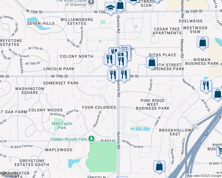 map of restaurants, bars, coffee shops, grocery stores, and more near 7928 Halsey Street in Lenexa