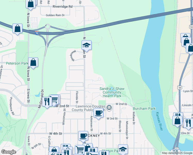 map of restaurants, bars, coffee shops, grocery stores, and more near 1107 George Court in Lawrence
