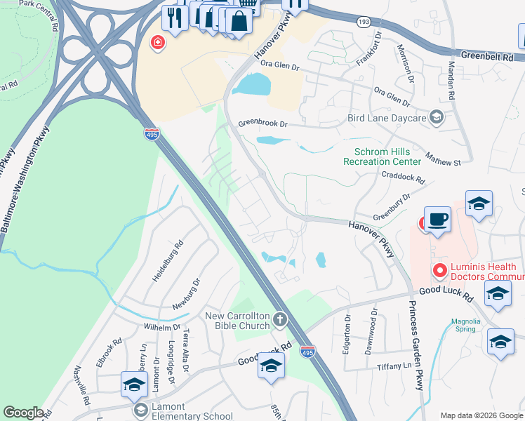 map of restaurants, bars, coffee shops, grocery stores, and more near 6942 Hanover Parkway in Greenbelt