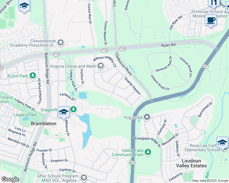 map of restaurants, bars, coffee shops, grocery stores, and more near 22880 North Brown Square in Ashburn