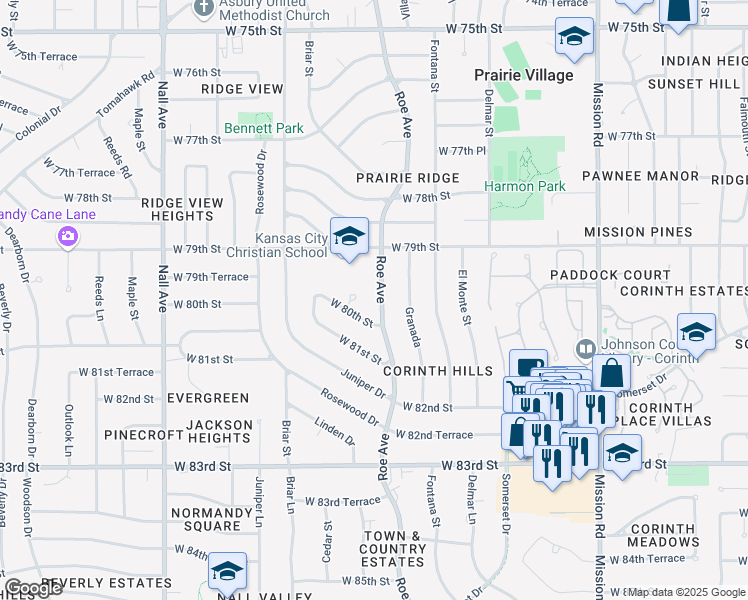 map of restaurants, bars, coffee shops, grocery stores, and more near 7933 Roe Avenue in Prairie Village
