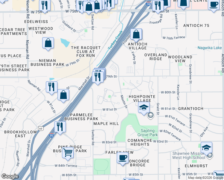 map of restaurants, bars, coffee shops, grocery stores, and more near 10205 West 80th Street in Overland Park