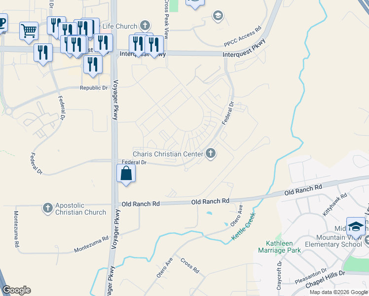 map of restaurants, bars, coffee shops, grocery stores, and more near 10000-10142 Federal Drive in Colorado Springs