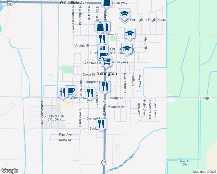 map of restaurants, bars, coffee shops, grocery stores, and more near 230 South Main Street in Yerington