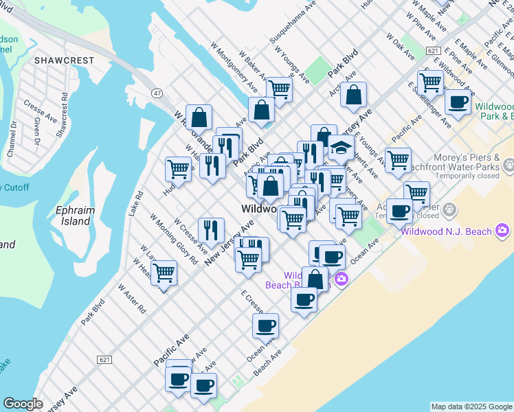 map of restaurants, bars, coffee shops, grocery stores, and more near in Wildwood