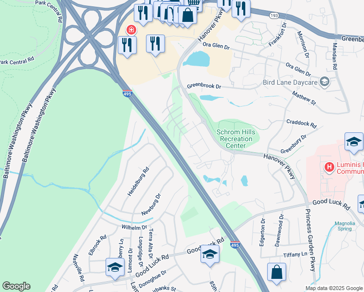 map of restaurants, bars, coffee shops, grocery stores, and more near 6998 Hanover Parkway in Greenbelt