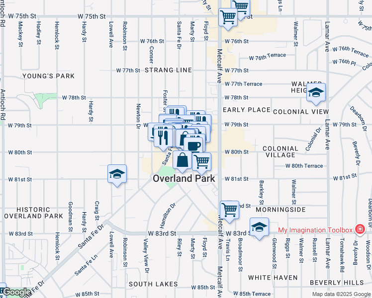 map of restaurants, bars, coffee shops, grocery stores, and more near 8007 Overland Park Drive in Overland Park