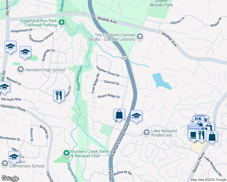 map of restaurants, bars, coffee shops, grocery stores, and more near 12011 Trossack Road in Herndon